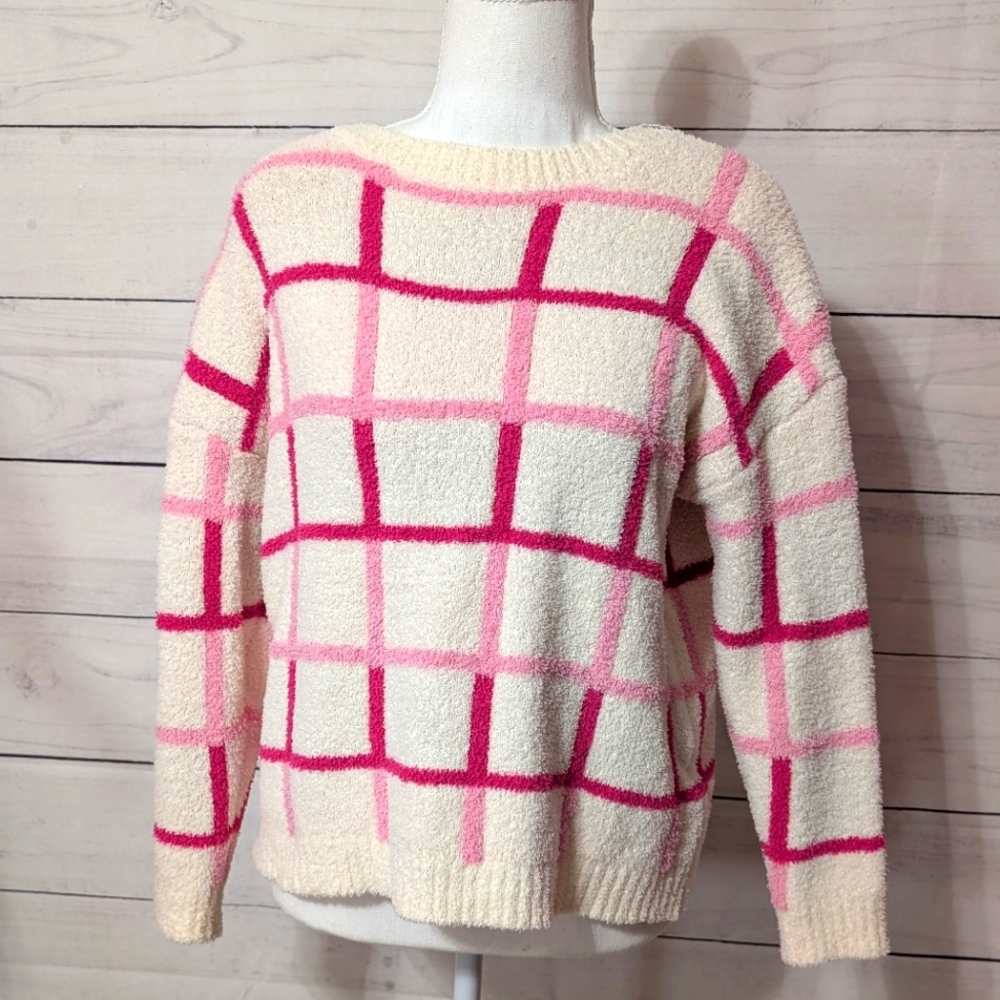Cozy Plaid Sweater in Cream and Pink